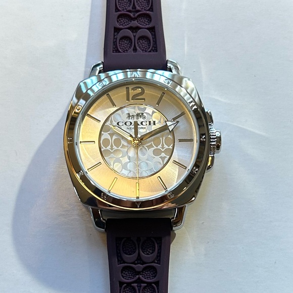 Coach Boyfriend Watch With 34mm Silver Face & Plum Coach Silicone Band - Picture 1 of 8